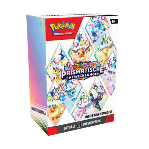 Pokémon Booster Bundle – Prismatische Entwicklungen SV08.5, deutsche Ausgabe mit 6 Booster Packs, offizielles Pokémon TCG Karmesin & Purpur Set